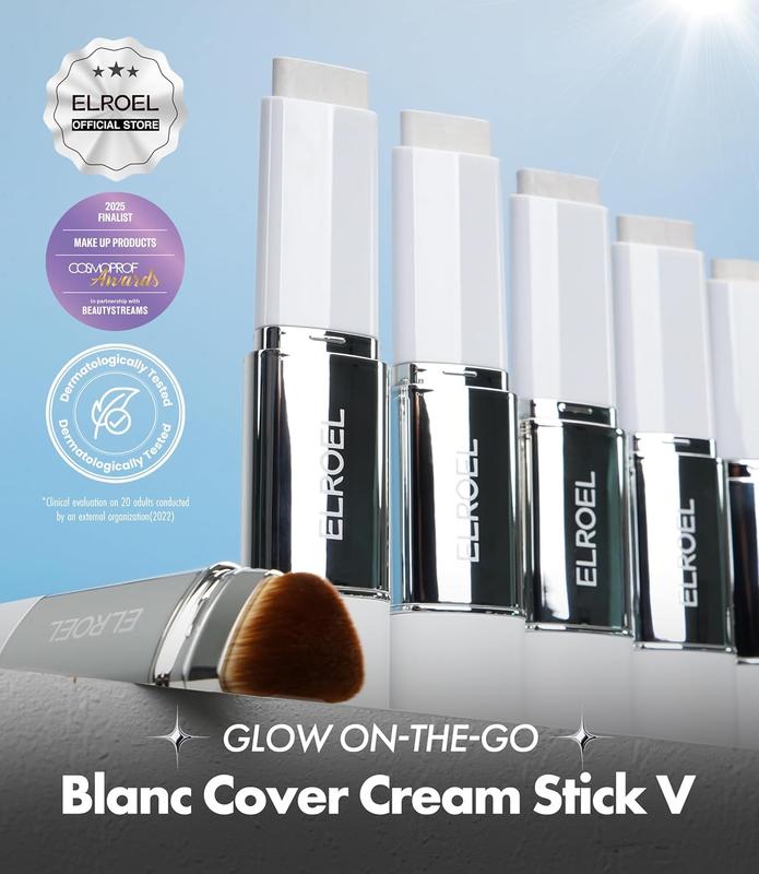 ELROEL Blanc Cover Cream Stick V – Base en barra que cambia de color, con Volufiline y brocha desmontable